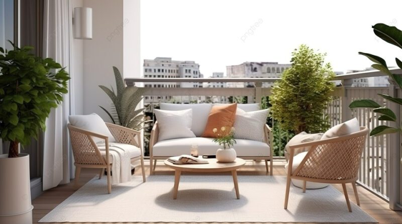 Desain Balkon Modern Skandinavia dengan Furnitur Kayu